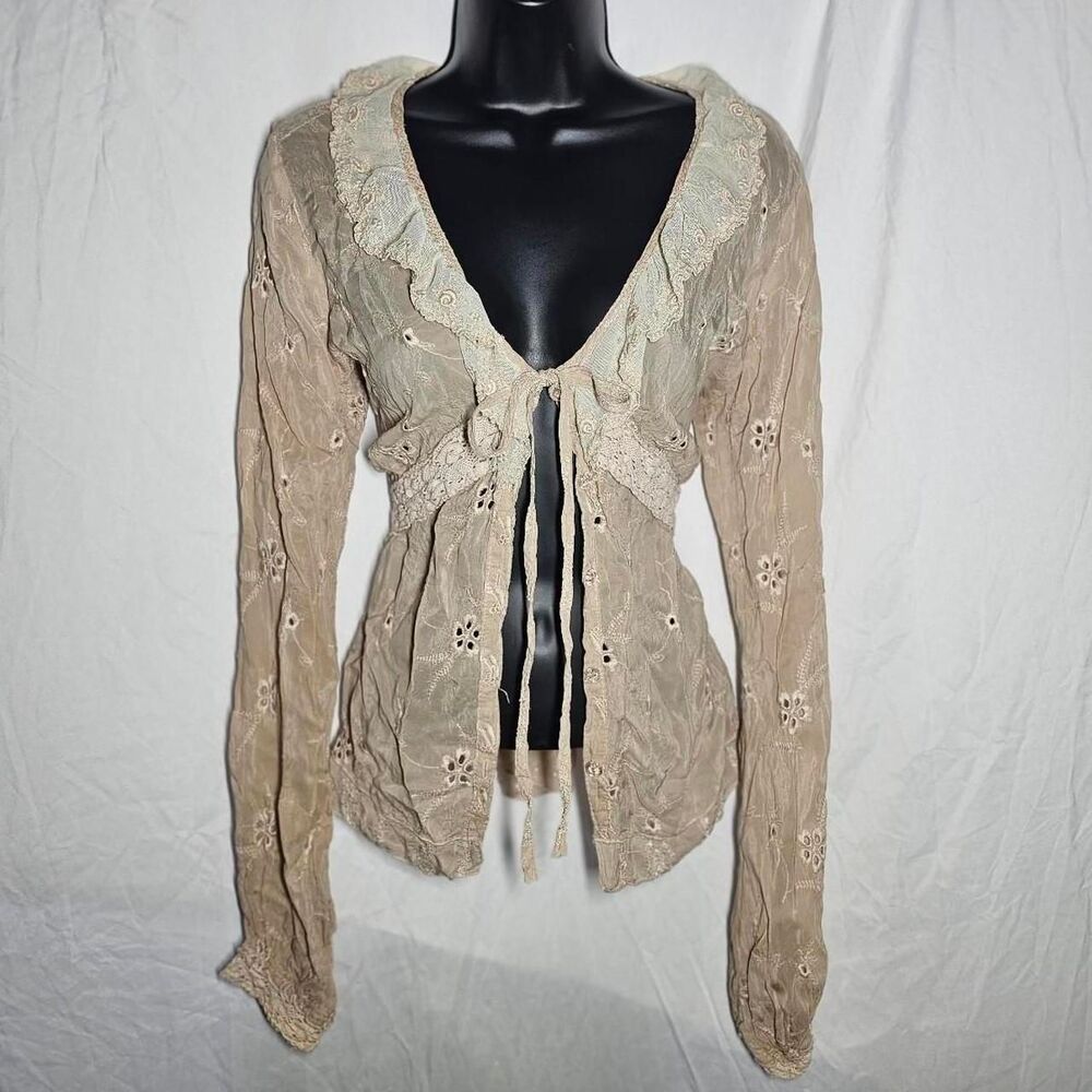 johny was boho whimsigoth crochet trim tie front long sleeve top